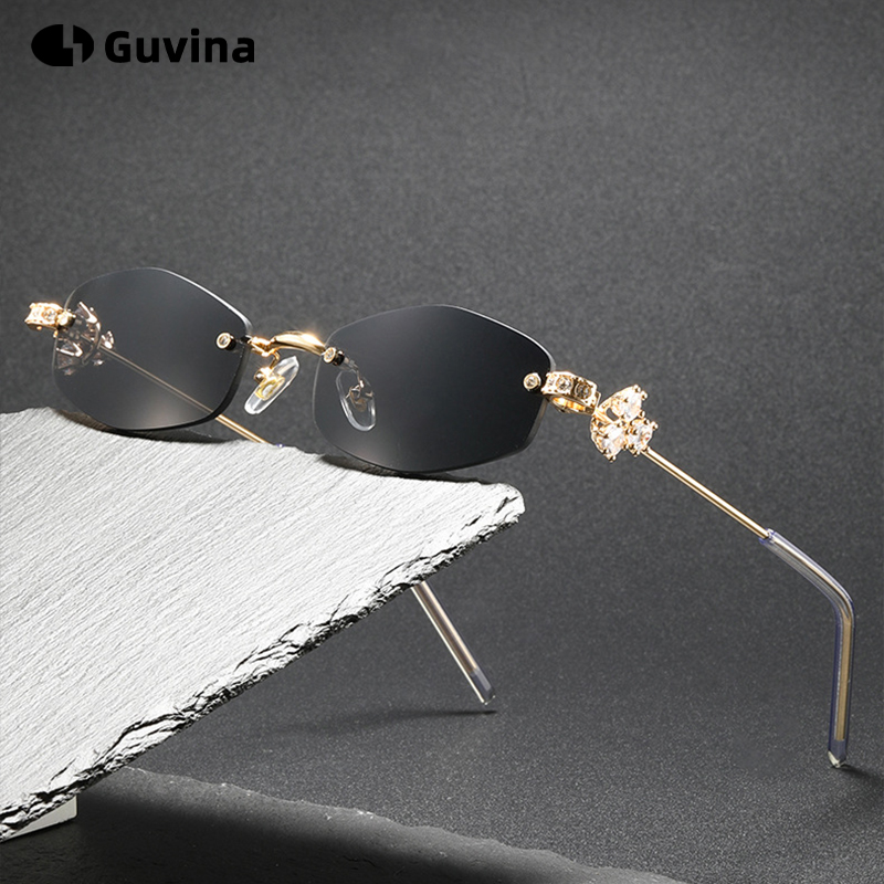 Lunettes de soleil polygonales tendance sans monture en alliage pour femme, de marque, avec strass et diamant rose