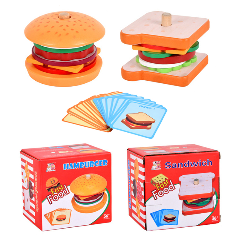 I bambini fingono di giocare con i giocattoli da cucina Hamburger Sandwich Simulazione Giochi di abbinamento alimentare Giocattoli educativi impilabili in legno Montessori