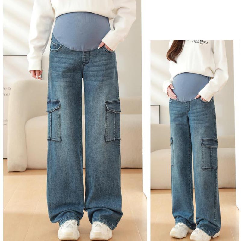 2025 Maternità Vintgae Jeans in denim lavato per le donne incinte Vestiti Elastico in vita Pancia Pantaloni larghi Abbigliamento gravidanza Vestire