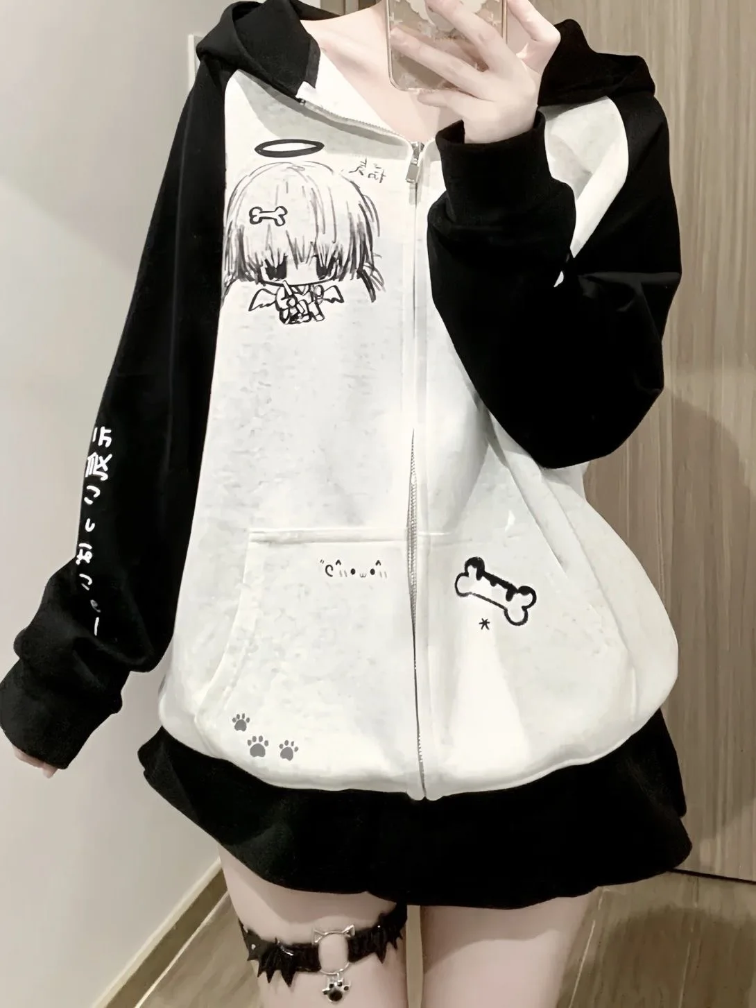 Japanese Contrast Color Hooded Tops Women Y2k Aesthetic Cartoon Print Grunge Hoodie Casual Zip Up Sweatshirt Harajuku Streetwear