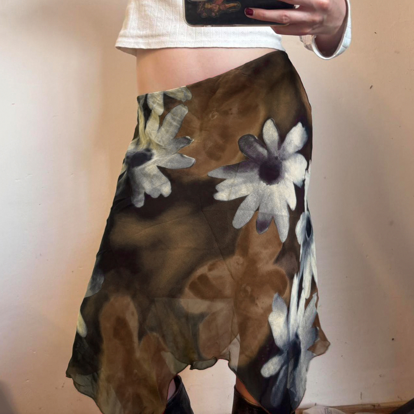 SUCHCUTE Y2K falda asimétrica de malla con estampado Floral para mujer, faldas acampanadas por debajo de la rodilla de tiro bajo, ropa estética de los años 2000, traje de verano 2026