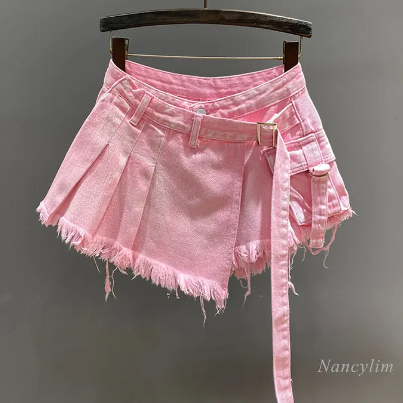 Onregelmatige Roze Denim Rok Vrouwen Zomer Hoge Taille Afslanken Valse Tweedelige A-lijn Werkkleding Korte Mini Rokken 2024