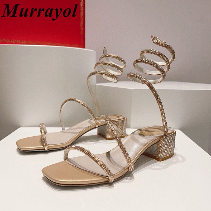 Neue Strass Dekor Quadratische Absätze Alias frauen Knöchel Schlange Geformt Gummiband Verstrickung Sandalen Sommer Kleid Schuhe