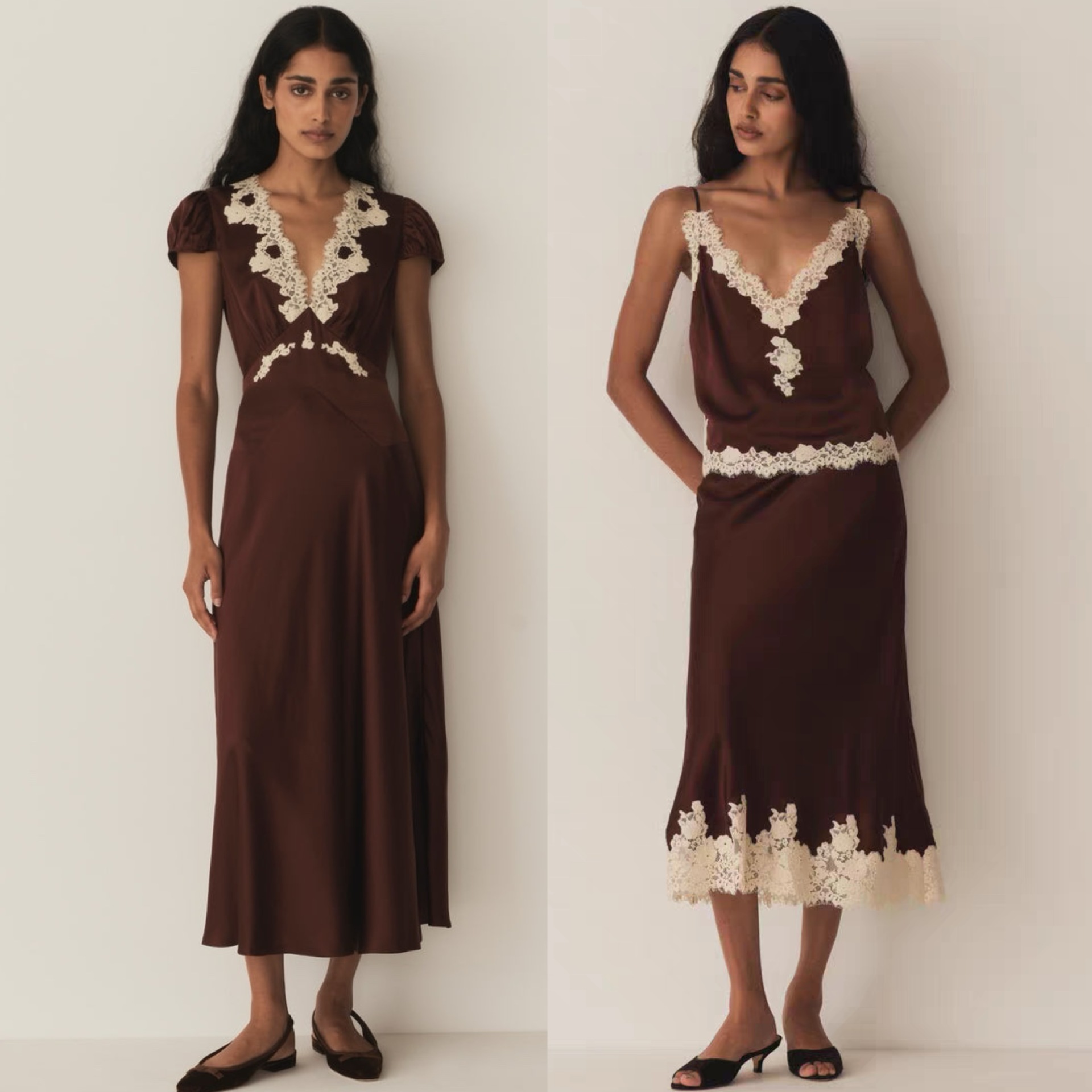 Schokoladenbraunes Vintage-Slip-Kleid aus schwerer Seide mit aufwendiger Stickerei, Wimpernspitzenbesatz, Schrägabschnitt, Satinschleife an der Taille