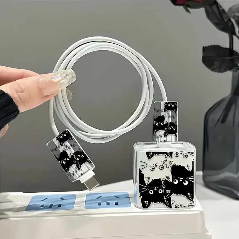 3 szt. Uroczy zestaw czarno-białych etui ochronnych na ładowarkę do iPhone'a, na głowicę ładowarki 20W/18W i kabel do transmisji danych.