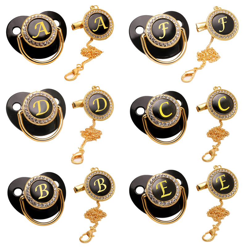 Clipes de corrente de chupeta de luxo preto com tampa nome letra inicial suporte de mamilo de silicone chupetas personalizadas chá de bebê recém-nascido