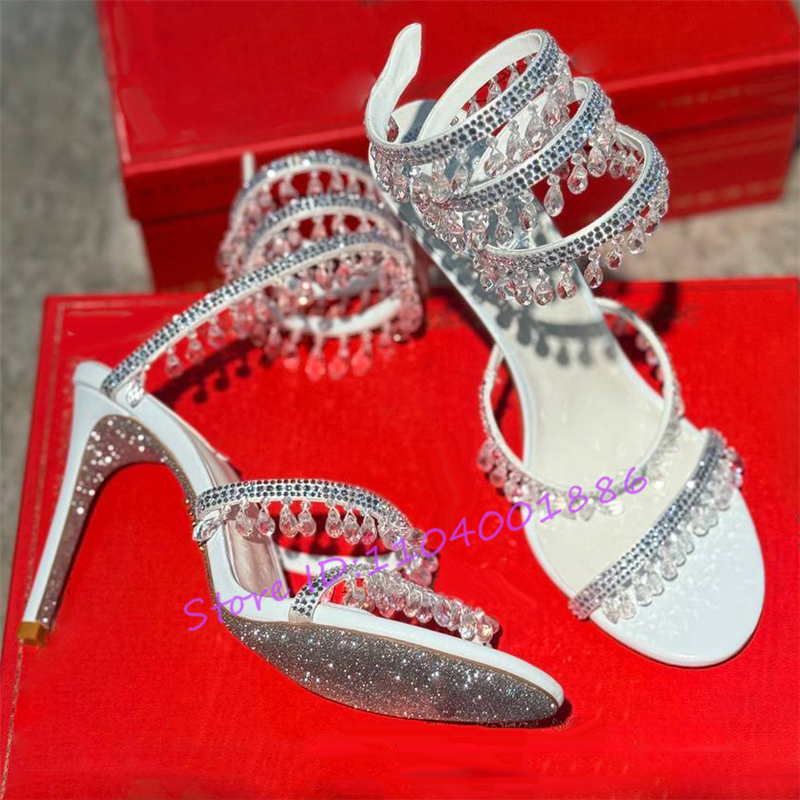 Strass forma de cobra tornozelo sandálias de tiras verão sexy dedo do pé aberto salto alto pingente de cristal stiletto festa casamento sapatos femininos