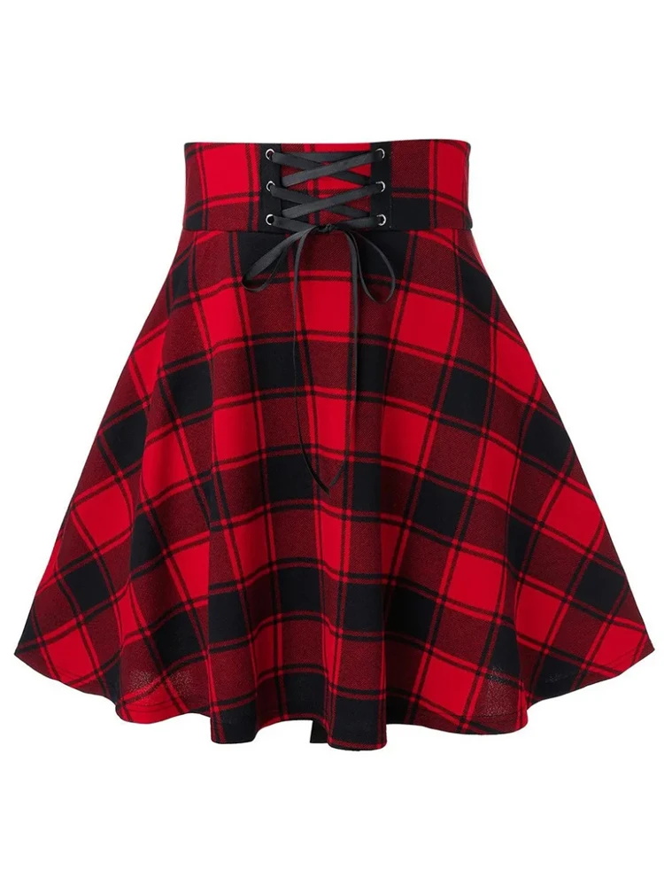 Retro Gothic Black Checkeredกระโปรงผู้หญิง 2024 ใหม่ผู้หญิงจีบกระโปรงลายสก๊อตฤดูใบไม้ผลิฤดูใบไม้ร่วงสาวHip HopหญิงPunk Miniกระโปรง