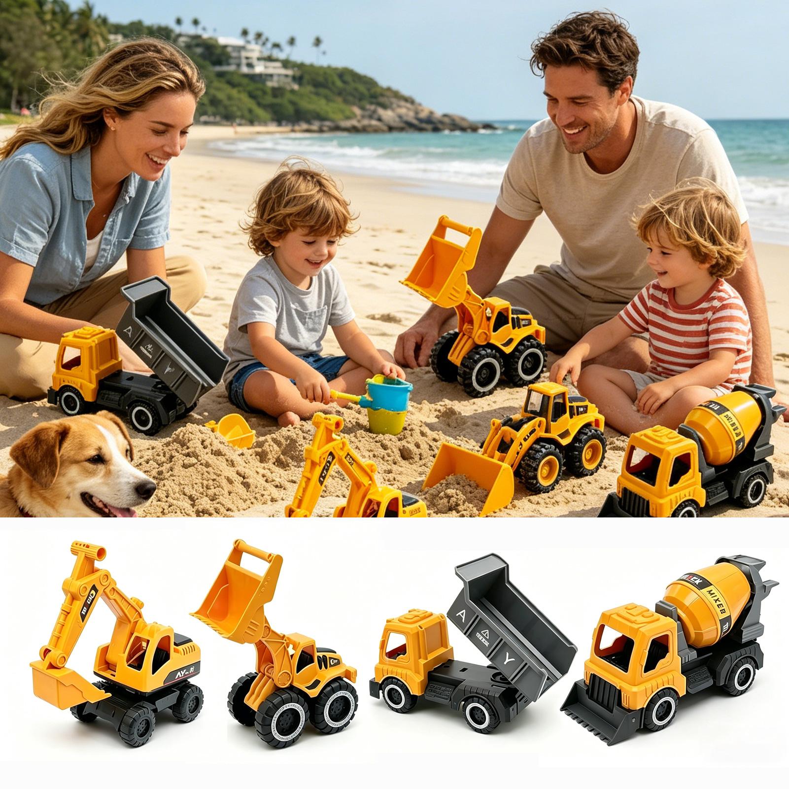 Camion da Costruzione con Escavatore, Piccoli Giocattoli da Spiaggia, Set da 4 Pezzi per Giochi di Sabbia all'Aperto per Bambini e Bambine, Giardino e Cortile