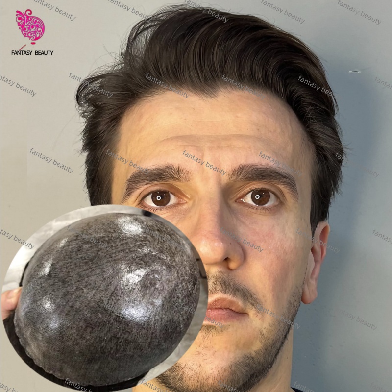 Prótesis Capilar Masculina de 30 mm, Cabello Rizado Negro Grisáceo, Aspecto Natural, Peluca Masculina con Microskin de 0.1 mm, Inyección Completa de PU