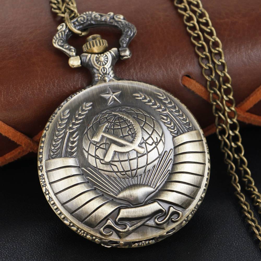 Quartzo Relógio De Bolso Com Foice Soviética Martelo, Bronze, Ouro, Preto, Prata, CCCP, Rússia Emblema Comunismo, Emblema Soviético, Colar Pingente Relógio