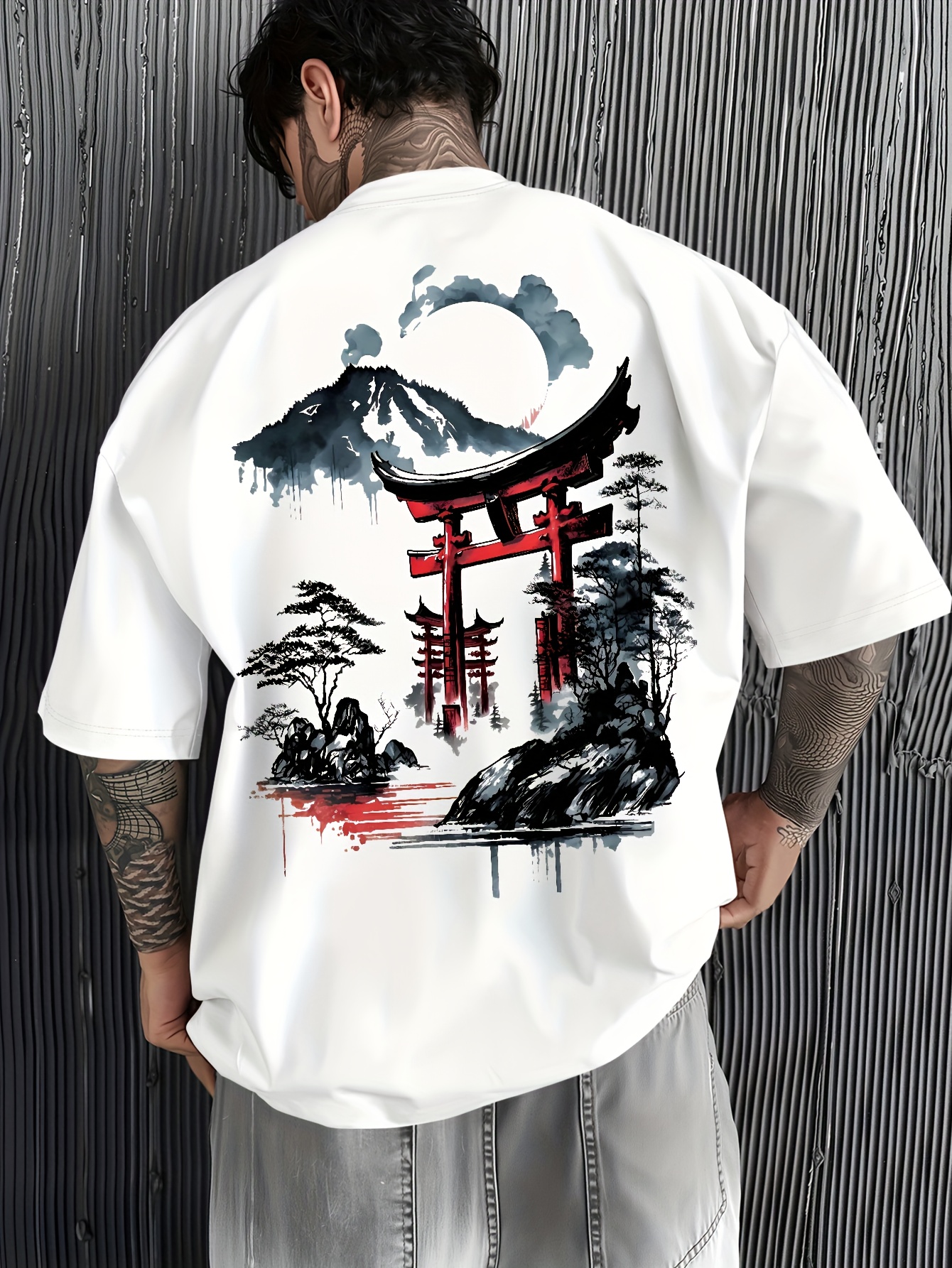 Japanese Ukiyoe Torii Gate&Fuji Mountain Print 100%Cotton Men Woment T-shirt SummerAutumn Daily Sports Casual Loose Short-sleeve
