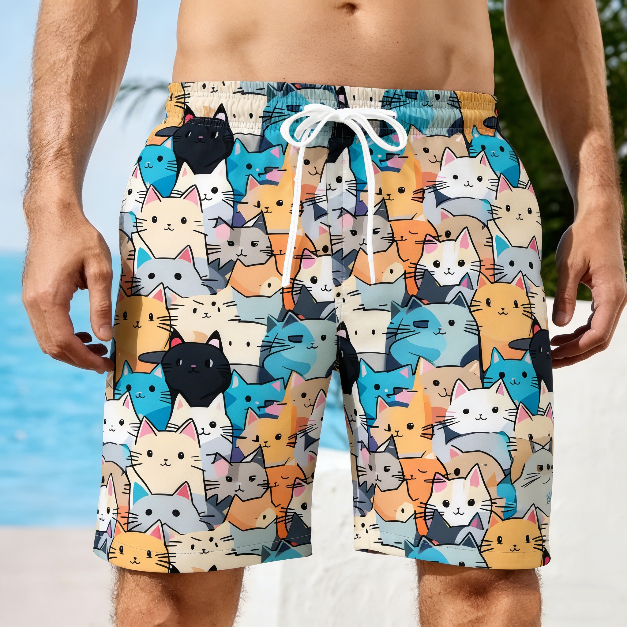 Men 3D Cat Graphic Beach Shorts Men's Women Cute Cat Print Surf Board Trunks Male Hawaii Swimwear Pants Kids Cool Ice Shorts