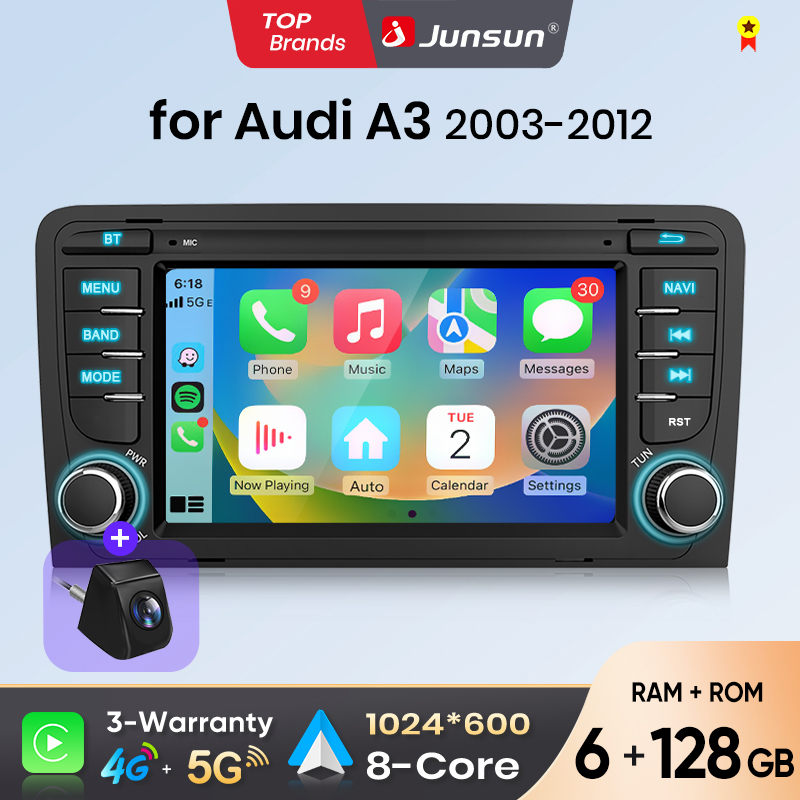 Radio Mobil Junsun 7 inci Wireless CarPlay Android Auto untuk Audi A3 8P S3 2003 2004 2005-2012 GPS Stereo Multimedia WiFi 4G 8core RDS