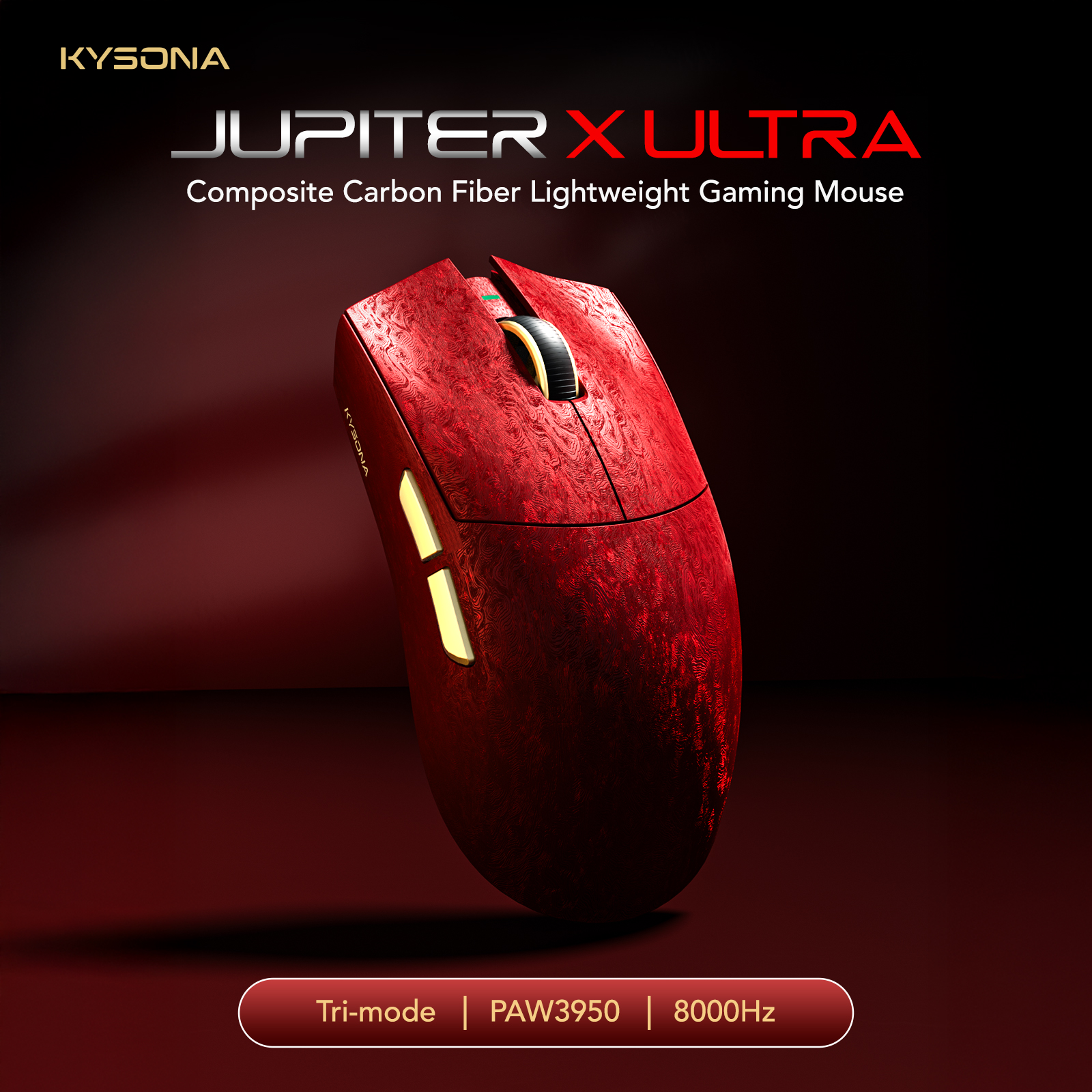 Беспроводная игровая мышь KYSONA Jupiter X Ultra с сенсором PAW3950, 8000 Гц, 54L15 MCU, композитным углеродным волокном, трехрежимная, 61 г, эргономичная, Omron 70M