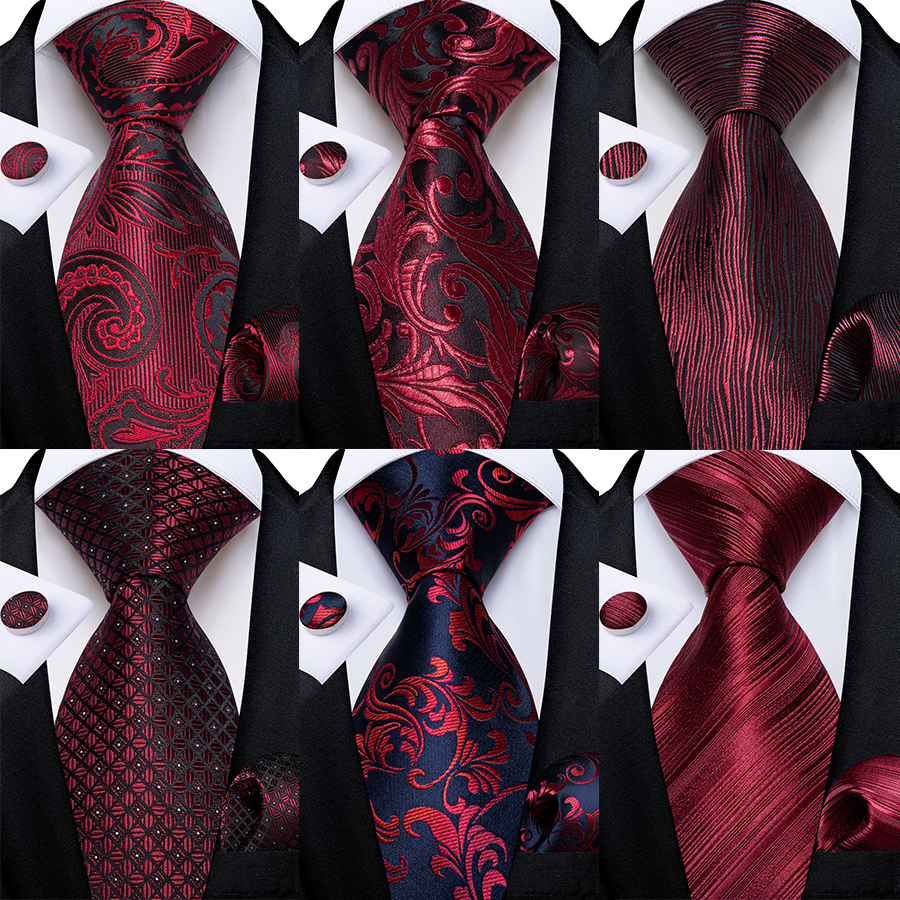 Ensemble de cravates de luxe en soie rouge pour hommes, rayé à fleurs, solide, 8 cm, mouchoir, boutons de manchette, affaires, mariage, bal de promo, accessoires de marié, cadeau pour hommes