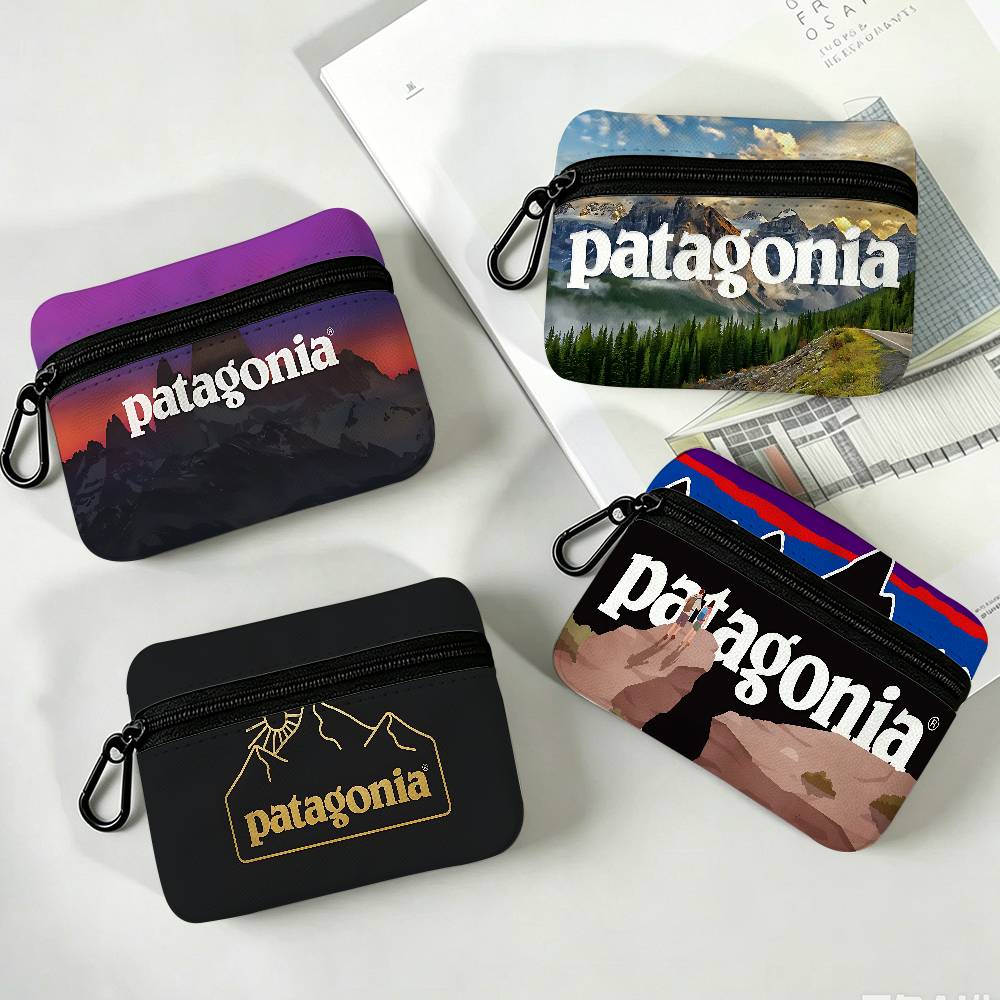 P-Patagonias Logo lichtgewicht portemonnee van Oxford-stof met zwarte karabijnhaak, mini-kaarthouder, opbergetui voor oortelefoons