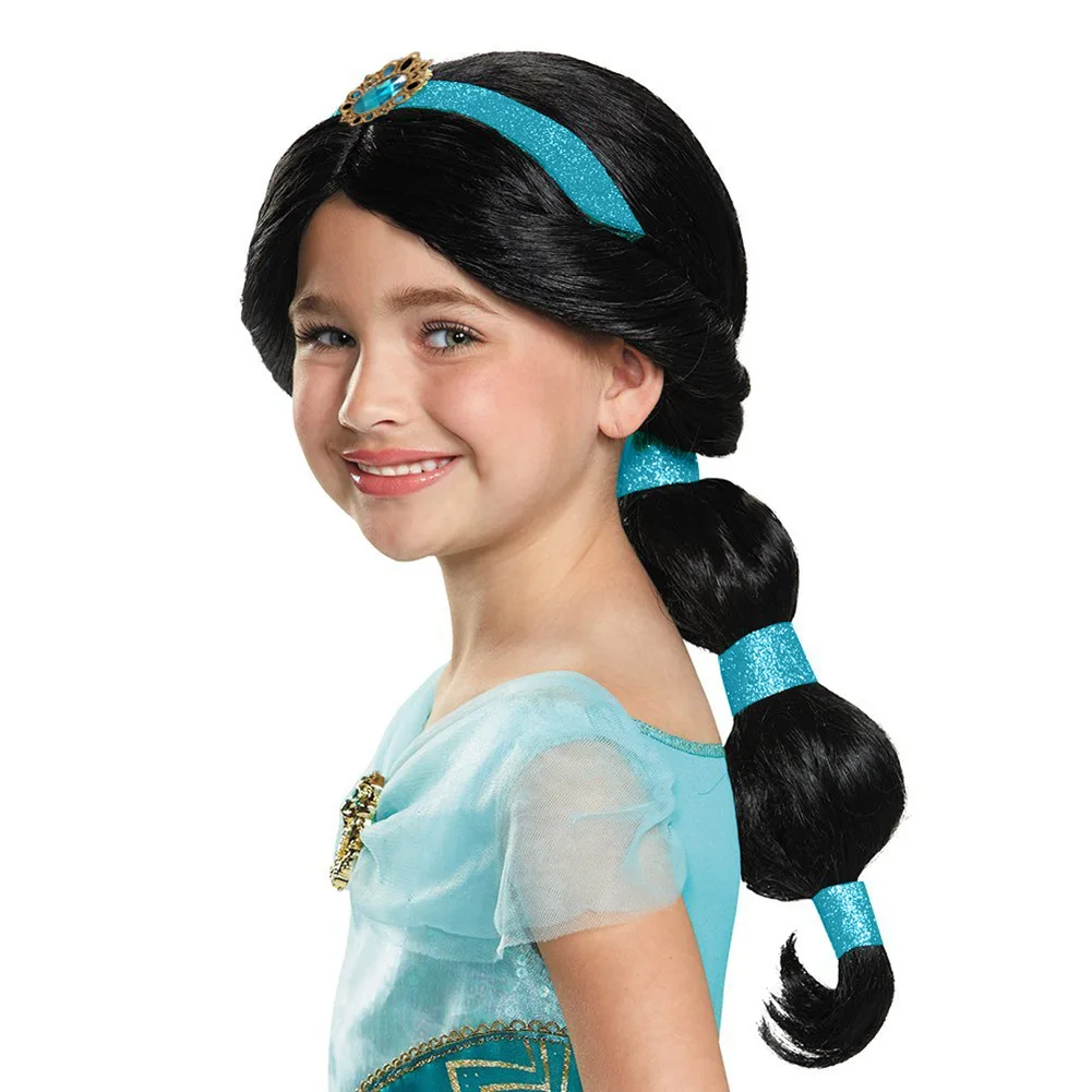 Lâmpada de aladdin halloween meninas princesa jasmim cabelo preto peruca longa fantasia crianças peruca feminina disfarce criança cosplay unicórnio peruca