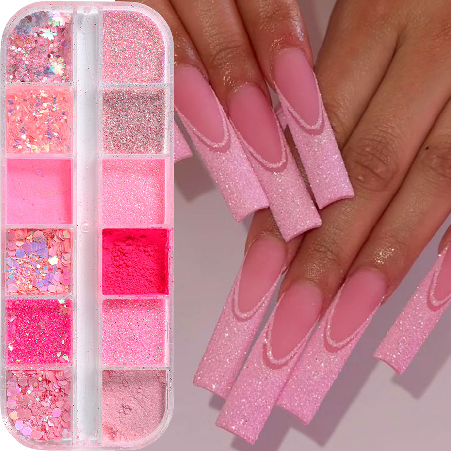12Grid Roze Glitter Nagelpoeder Gemengde Holografische Hexagon Onregelmatige Vlokken Gesneden Sparkly Crystal Pailletten Pigment Manicure Decor