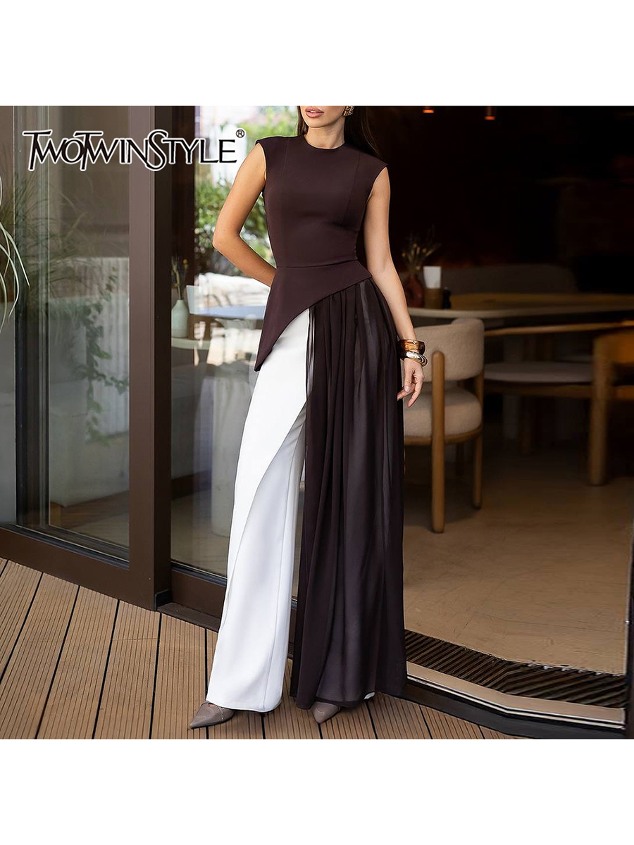 TWOTWINSTYLE Blus Wanita Model Lipit Asimetris, Solid, Ramping, Kerah Bulat Tanpa Lengan, Pinggang Tinggi, Panjang, Terbaru