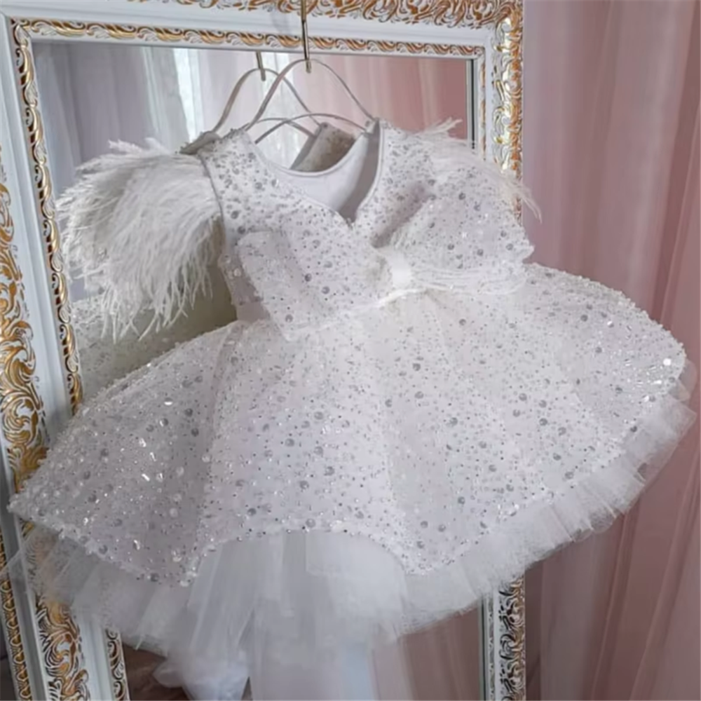 Pailletten-Blumenmädchenkleid für die Hochzeit, glänzender, perlenbesetzter, bauschiger Tüll, knielang, mit Schleife, Kindergeburtstag, Babyparty, Ballkleid