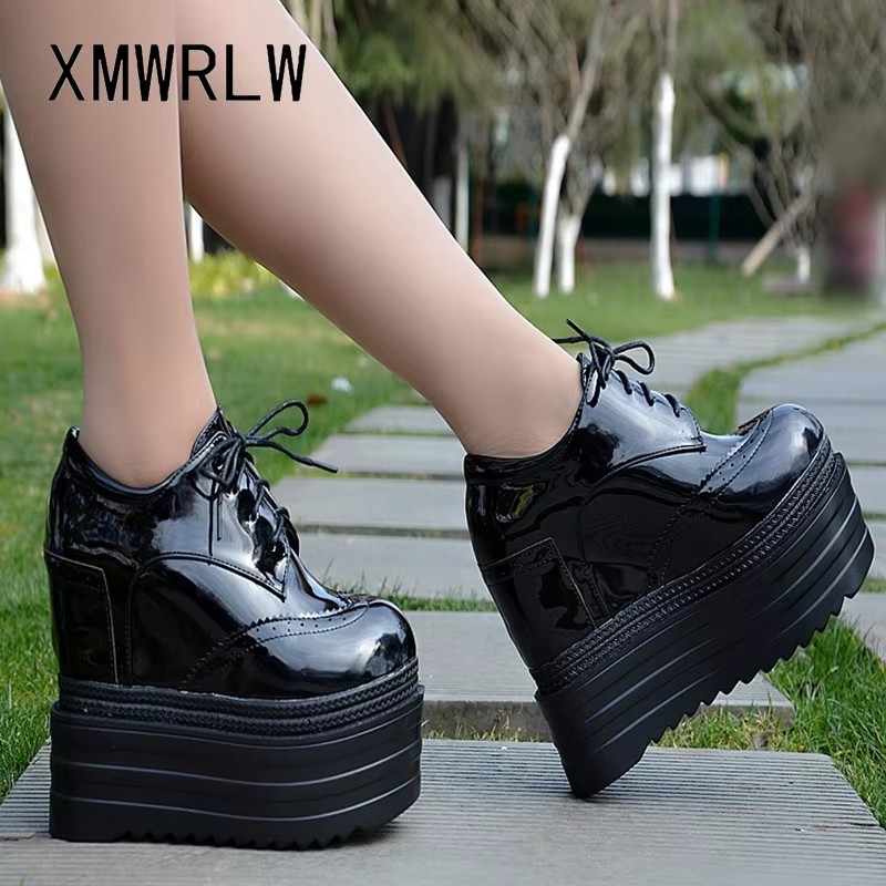 Xmwrlw sapatos de plataforma femininos de couro envernizado moda salto alto sapatos grossos plataforma tênis sola de borracha mulher tênis