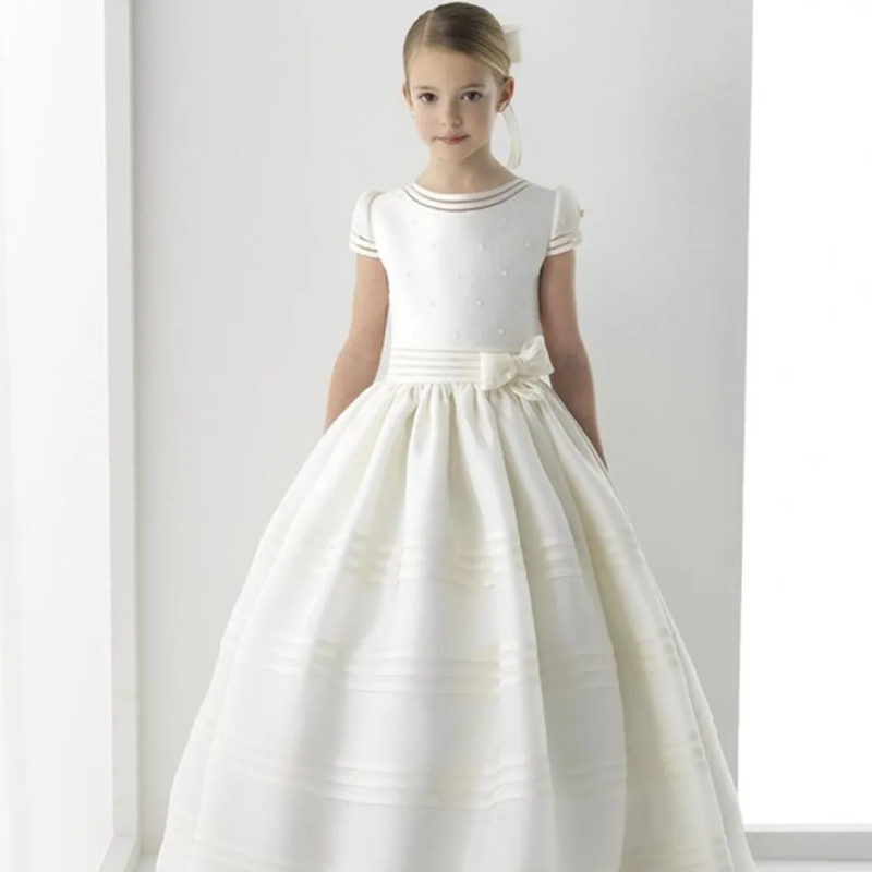 Abiti da ragazza di fiore personalizzati Top di perle di raso avorio vintage con fiocco per abiti da battesimo principessa per feste di compleanno di nozze