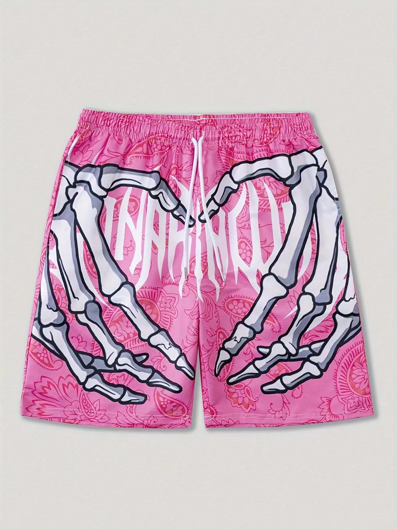 Pantalones cortos de secado rápido con estampado de elemento de mano de esqueleto de verano para hombre, pantalones cortos deportivos transpirables a la moda de verano para hombre, pantalones cortos cómodos de tendencia