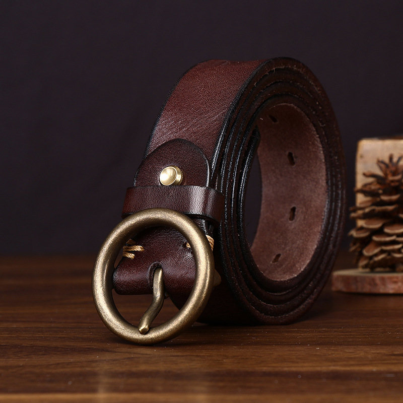 3.4 CM Retro Koperen Ronde Gesp Riem Hoge Kwaliteit 100% Top Echt Echt Koe Lederen Riemen voor Jeans Cowboy Koeienhuid Riem