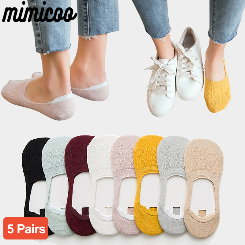 Bộ 5 Đôi Tất Nữ Cotton Thấp Cắt Tất Rắn Bông Tuyết Softable Mùa Hè Silicon Chống Trơn Trượt Sâu Miệng Ngăn Chặn Gót Mất dép Tất