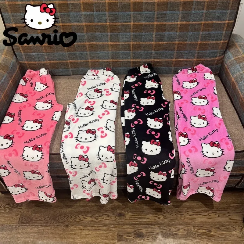 2024 Sanrio Hello KittyชุดนอนฮาโลวีนFlannelแฟชั่นกางเกงผู้หญิงKawaiiขนสัตว์อะนิเมะการ์ตูนสบายๆกางเกงฤดูใบไม้ร่วง