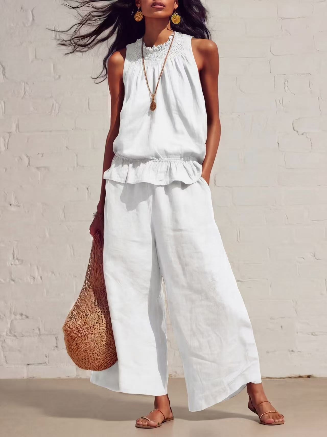 Conjunto de Duas Peças em Linho Puro Estilo Férias: Colete Plissado Sem Mangas com Gola Alta e Calça Pantalona Casual de Caimento Solto
