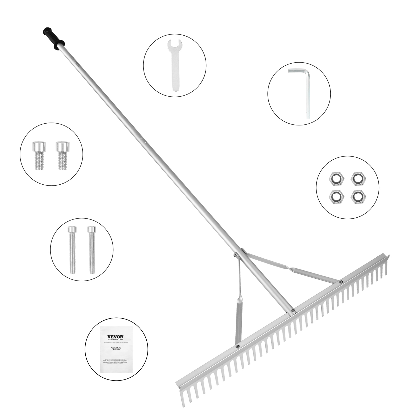 Rake de paisagem succebuy, cabeça de alumínio de 36 ", ancinho de ervas daninhas de lago com alça longa de 75" para cuidados com o gramado, capina, jardim de lago