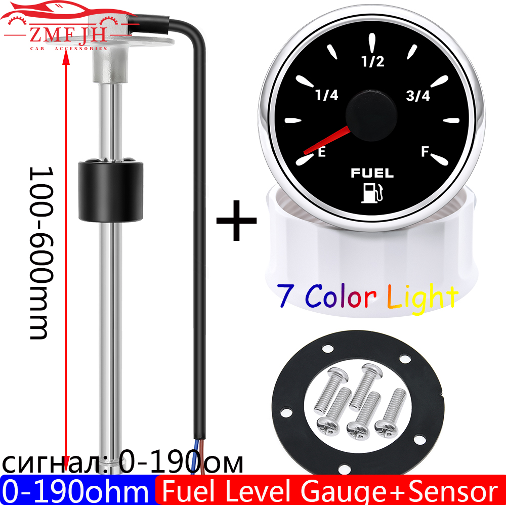 7 Color Light 2" 52mm Fuel Level Gauge+Fuel Float Level Sensor 0-190 Ohm for Marine RV Camper Car Oil Tank Level Indicator 9-32V