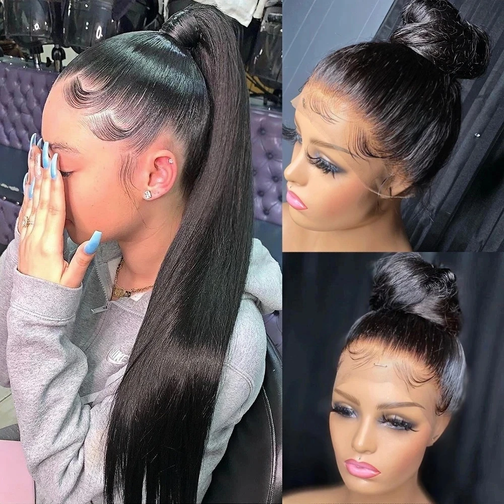 Perucas de Cabelo Humano com Renda Frontal Completa 360 de 30 Polegadas, Pré-Alongadas, Densidade 220, Lisas, com Renda Frontal Transparente HD, 100% Cabelo Humano, para Mulheres