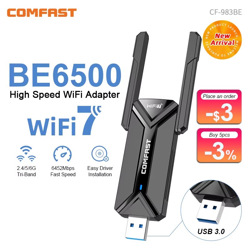 COMFAST USB-адаптер Wi-Fi 7, 6500 м, 6G, 5G и 2,4G, приемник Wi-Fi для ПК RTL8912AU, 2 антенны, адаптер Wi-Fi, драйвер бесплатно для Win10/11