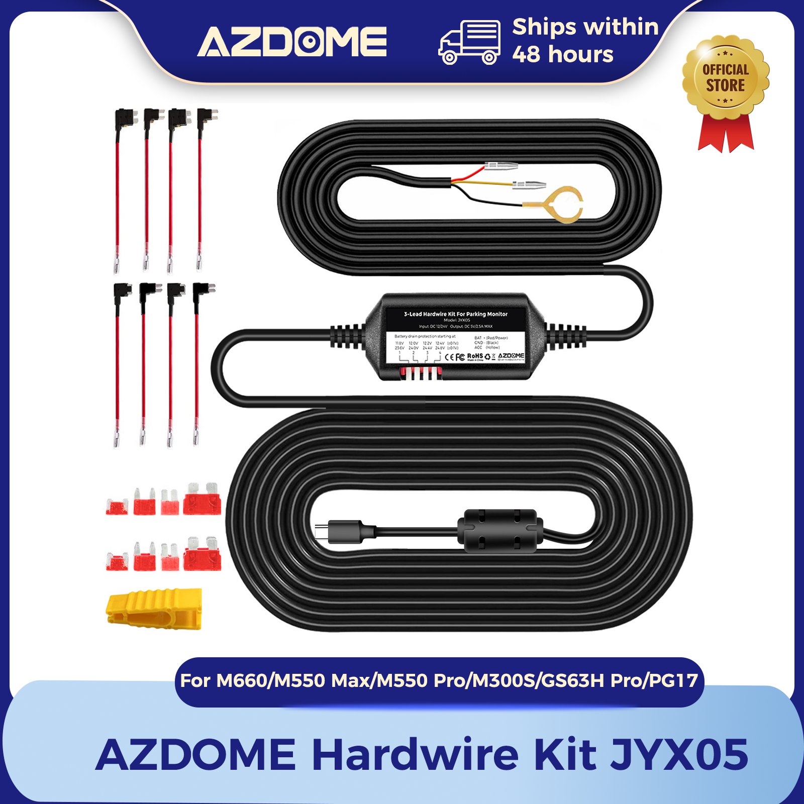 AZDOME JYX05 รถ DVR บันทึก Hardwire Kit สําหรับ M660/M550 Max/M300S/GS63H Pro Low Vol ป้องกันพอร์ต Type-C 12 V-24 V ใน 5 V 2.5A out
