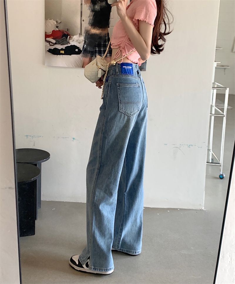 Loose High Waist Wide Leg Design Sensation Summer 2023 Women's Straight Jeans Open Slit Floor-Length Pants Casual Trousers