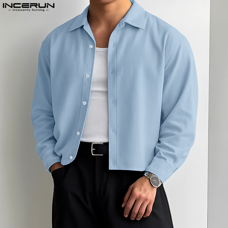 INCERUN Männer Hemd Einfarbig Revers Langarm Taste Lose Crop Tops Männer Streetwear 2025, Mode Lässig Männer Kleidung S-5XL