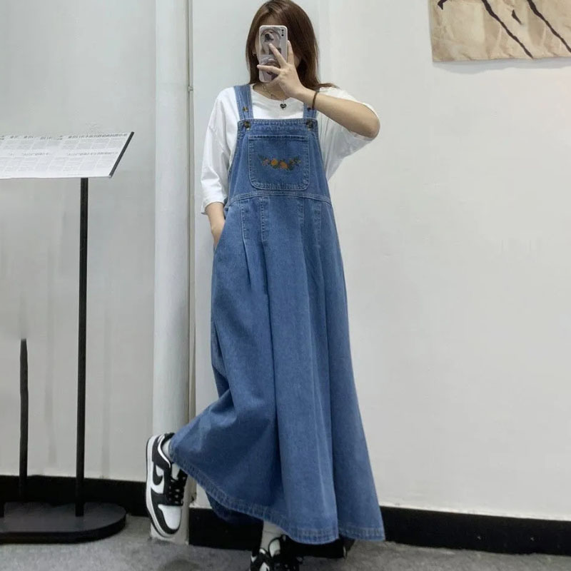 Dames geborduurde denim swingjurk zoete losse pasvorm middellang met zakken Koreaanse stijl zomer 2026