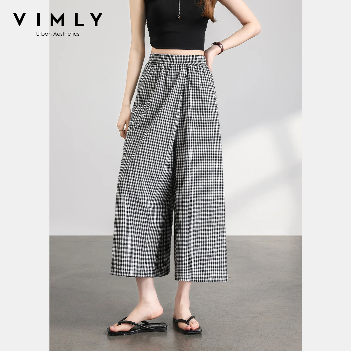 VIMLY Damen Lässige Vielseitige Karierte Weite Hose 2026 Sommer Neu 100% Baumwolle Elastischer Bund Locker Sitzende Cropped Culottes A6201