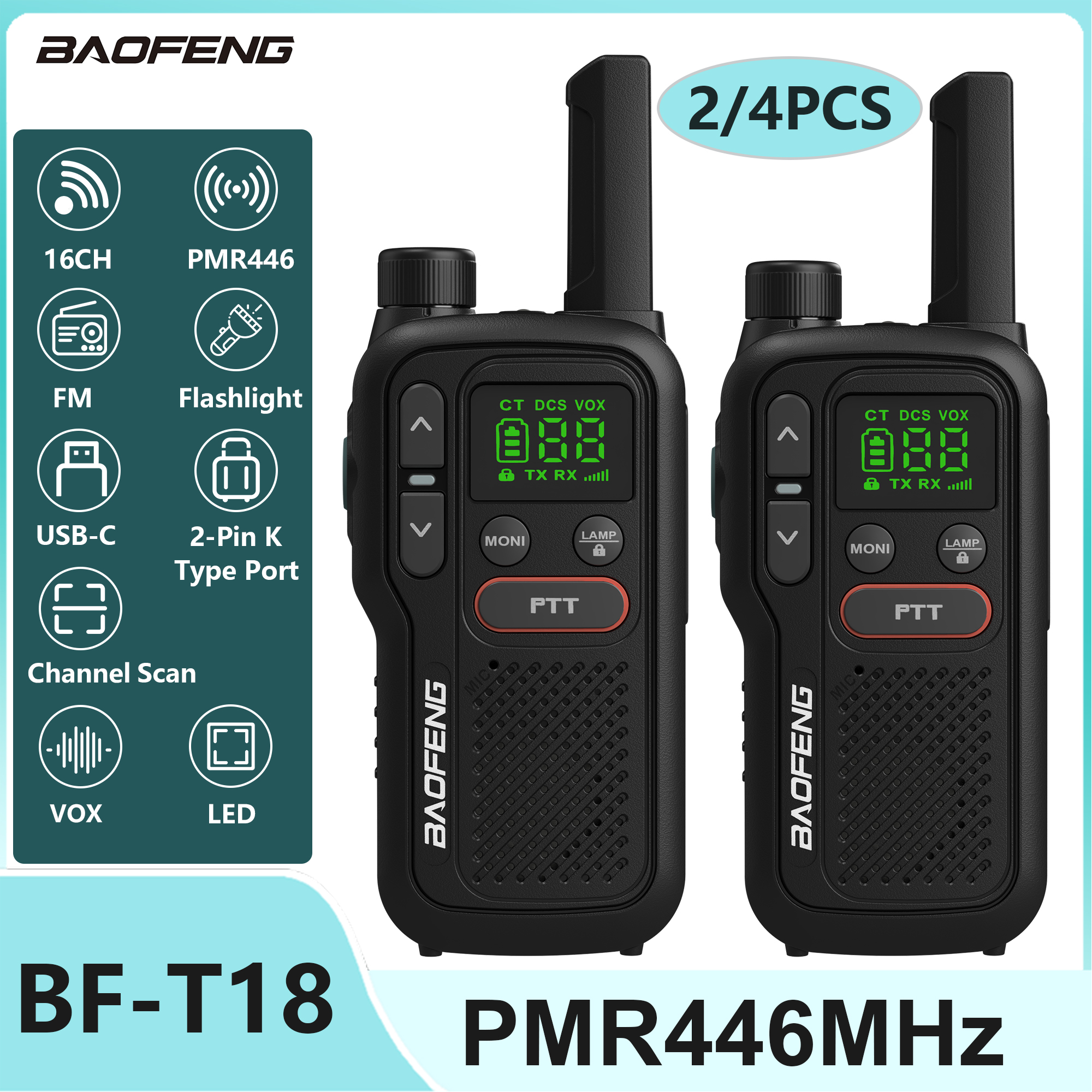 2/4 Uds Baofeng T18 Mini Walkie Talkie PMR446MHz de largo alcance recargable portátil niños Radio bidireccional cargador USB para viaje de Camping