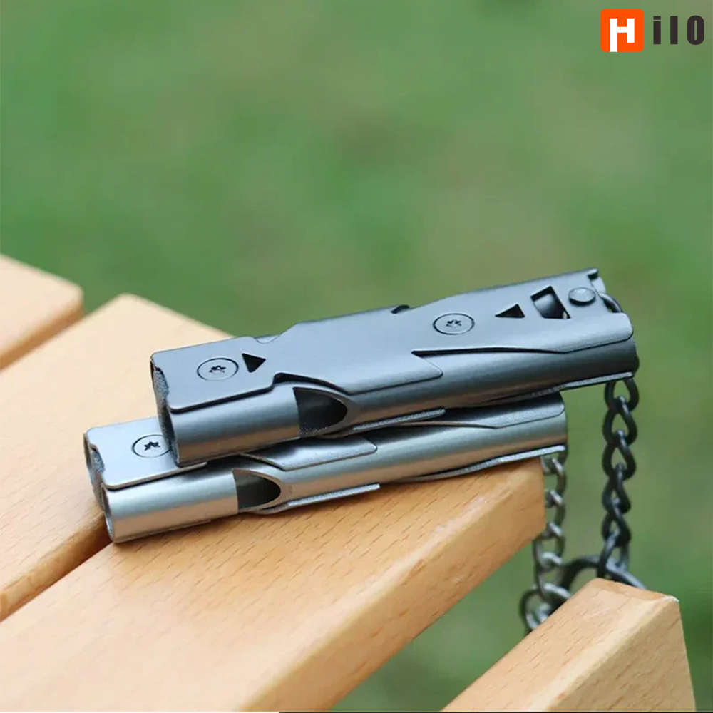 150DB หลอดคู่ความถี่สูง Survival Whistle Decibel กลางแจ้งเหล็กโลหะ Rescue Survie อุปกรณ์เสริมเครื่องมือเดินป่า Travel