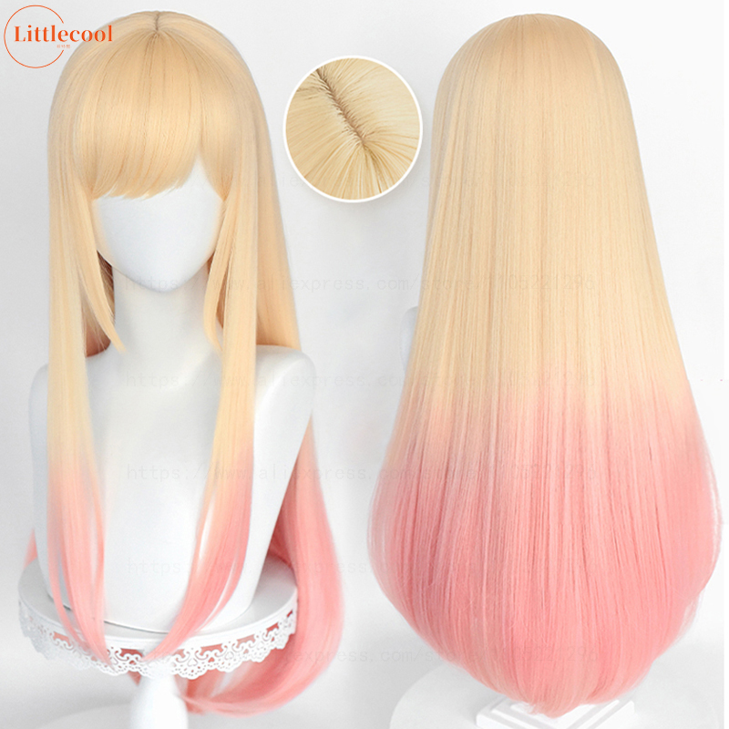 Wysokiej jakości peruka do cosplayu anime Marin Kitagawa, 80 cm długa, prosta, różowa, z efektem ombre, odporna na ciepło, syntetyczna + czepek pod perukę