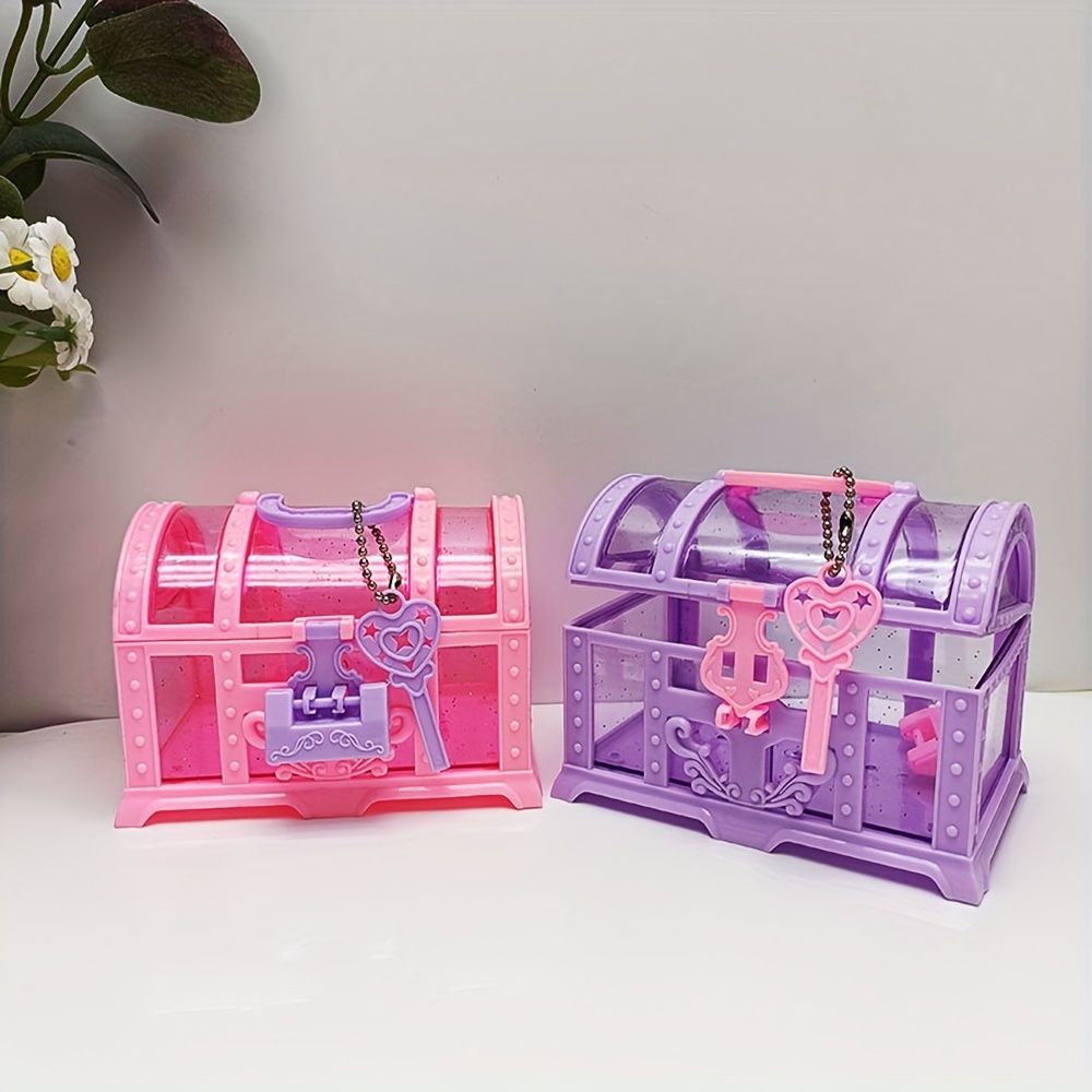 1pc rosa/roxo caixa de maquiagem bonito, caixa de brinquedos de plástico com bloqueio, caixa de jóias de baú de tesouro, decoração ornamento caso meninas vestir