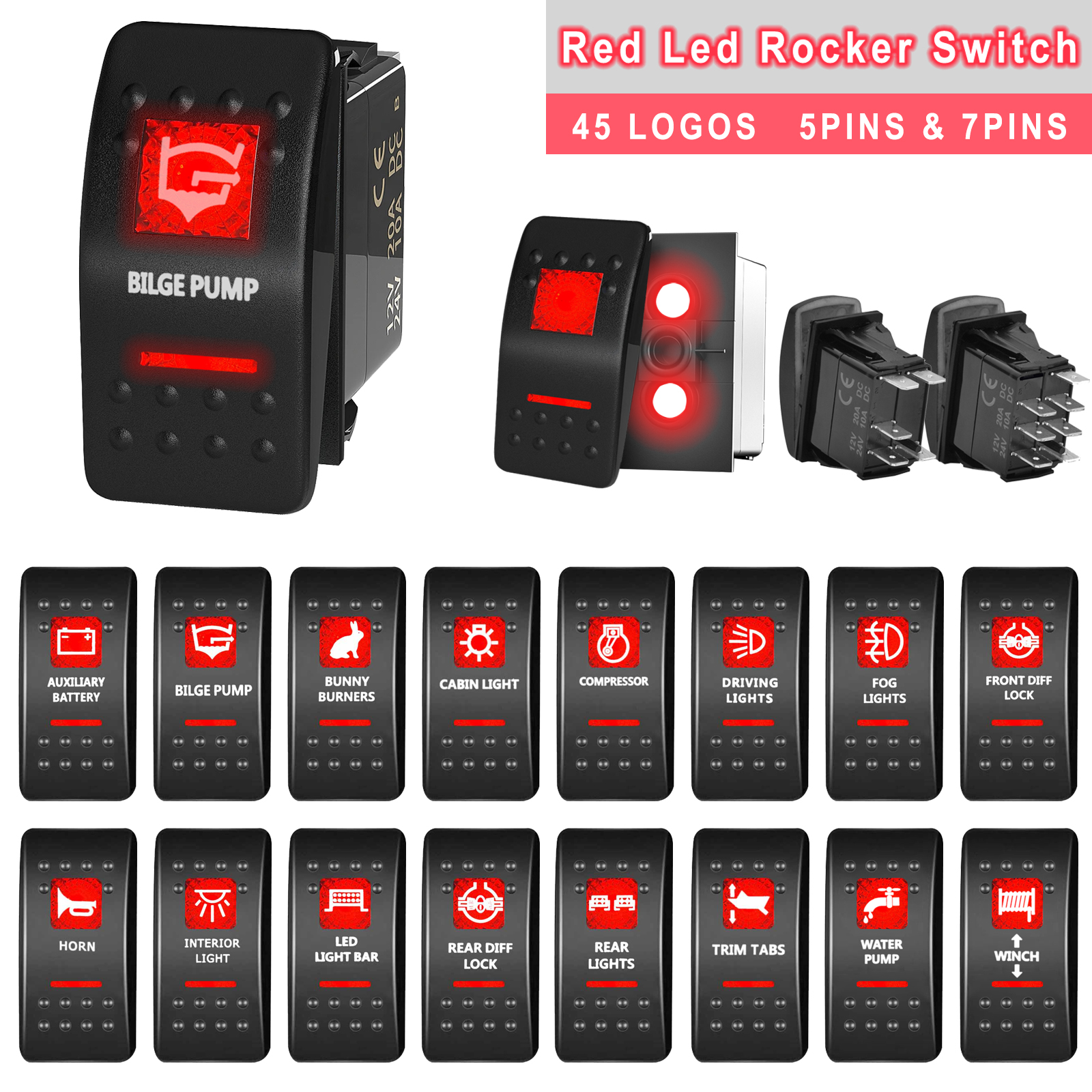 12V 24V Car Boat LED Button Switches Dual RED Lights 5P SPST Waterproof Rocker Switches for ARB Marine RV 4×4 Caravan