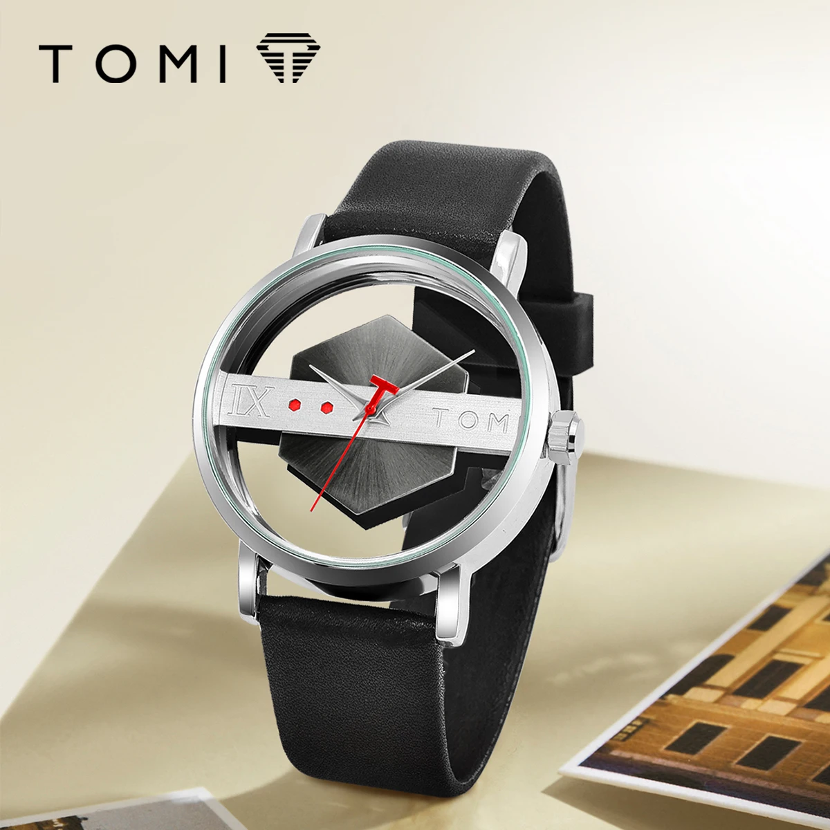 TOMI – bracelet de montre en cuir pour hommes, à la mode et minimaliste, Perspective creuse personnalisée, couvercle inférieur en verre, montre à Quartz