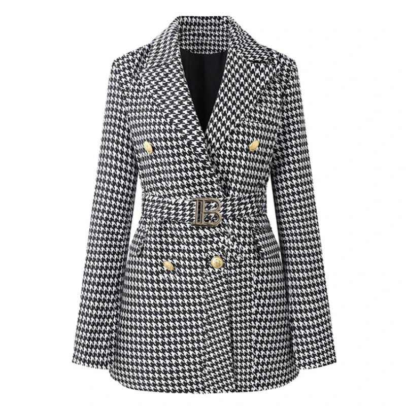 ผู้หญิงแขนยาวปุ่ม Double Blazer JACKET ผู้หญิง 2025 ใหม่ Office Lady Designer Breasted Belted Blazer ชุดฤดูใบไม้ผลิฤดูใบไม้ร่วง
