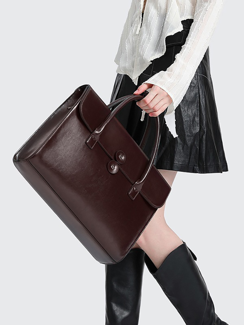 Genuine Leather Briefcase Women's Luxury Fashion Vintage Office Business OL Shoulder Side 14 inch Laptop Messenger Portable Bag