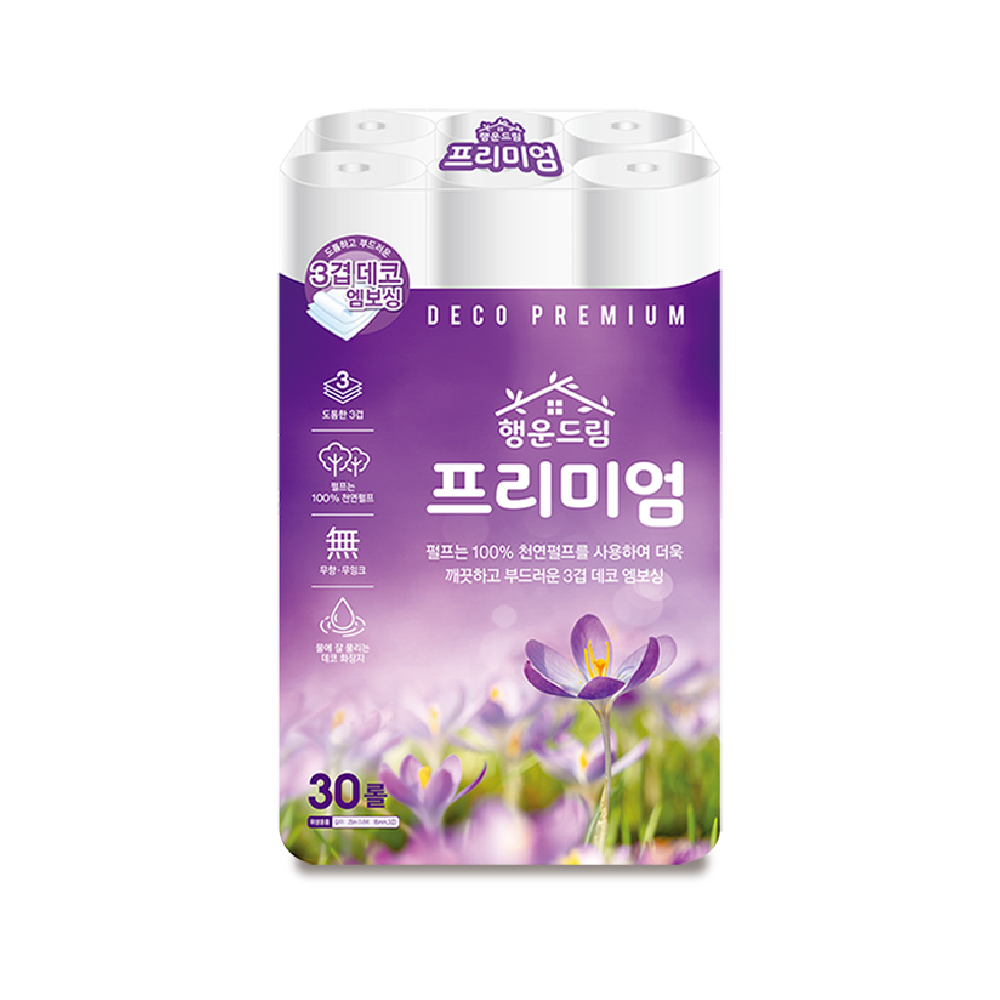 [국내제조] 행운드림 프리미엄 3겹 25m 30롤 천연펄프 화장지 휴지 비데겸용 두루마리